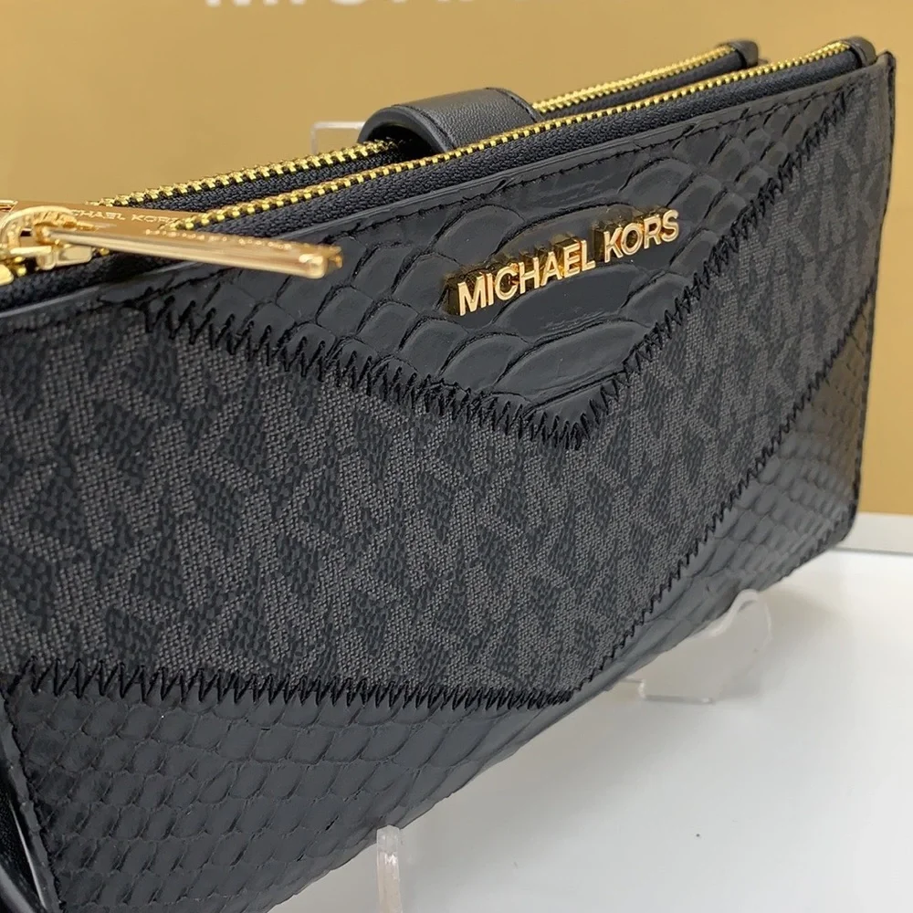 MICHAEL KORS Black MULTI LG DOUBLE ZIP WRSTLT Crocodile Leather Snakeskin